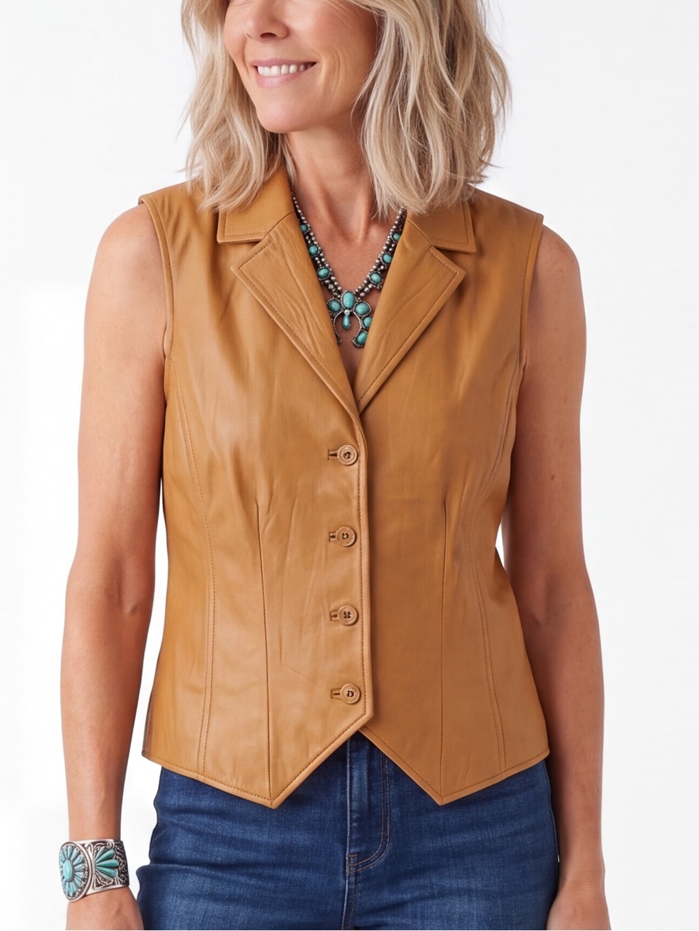 Coldwater Creek Tan Leather Button-Down Vest Notch Lapel Fall Boho Western 70s